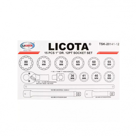 Licota Набор торцевых головок 1", 12-ти гранных, 15 пр., 36-80 мм
