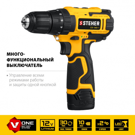 STEHER Дрель-шуруповерт аккумуляторная 0,8-10 мм, 12 В, 30 Нм, 1350 об/мин, 1*2 Ач, кейс